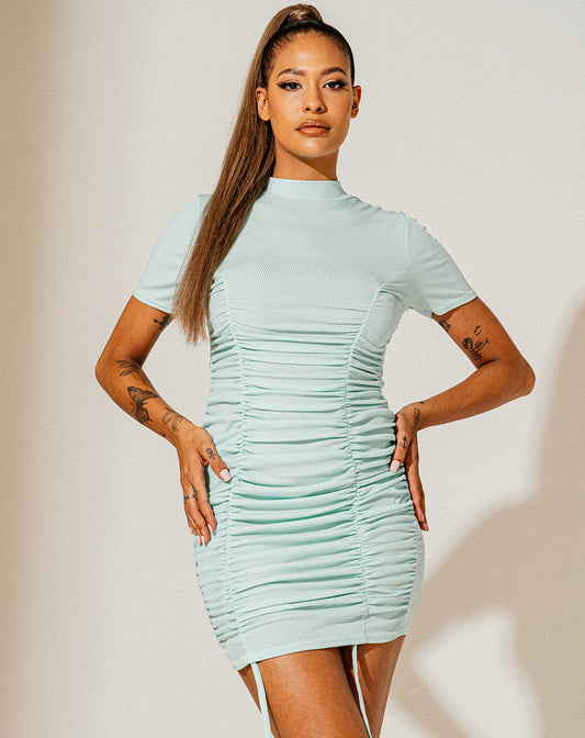 High Ribbed Ruched Dress - Mint