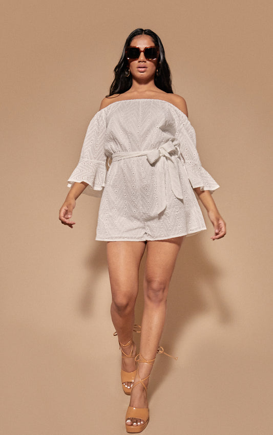 Cut Out Flare Sleeve Playsuit - White